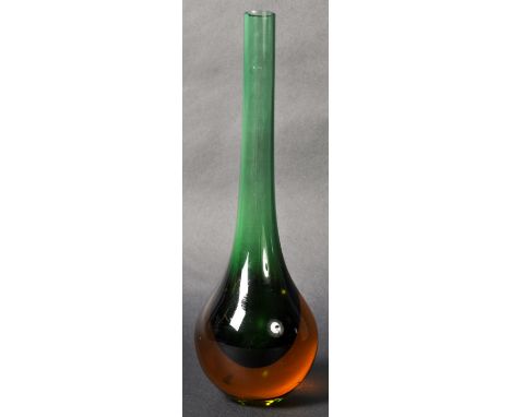 A good quality retro vintage mid 20th Century studio art glass vase. The sommerso / cased glass vase in meadow green and ambe