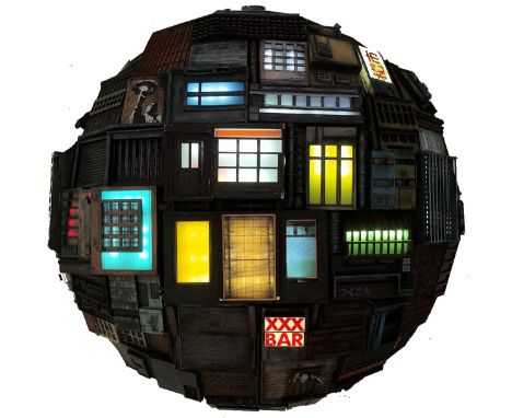 Urban Hemisphere - A contemporary brutalist 3D art sculpture of globe shape form with a birds eye view of a dystopian futuris