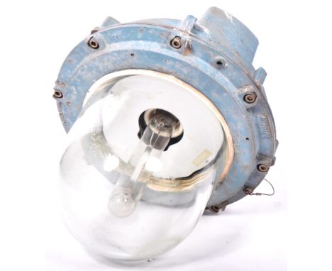 Victor - A vintage mid 20th Century ships / industrial bulkhead lamp light having a thick domed clear glass shade. Grey finis