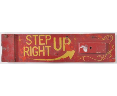 A retro vintage mid 20th Century fairground / funfair hand painted wooden sign having yellow lettering on red ground. The sig