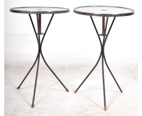 A matching pair of retro mid 20th Century 1950's atomic space age side / lamp table having blue circular tops with chrome sur