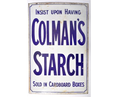 Colman's Starch - A vintage early 20th Century porcelain enamel shop display advertising sign having deep blue lettering on w