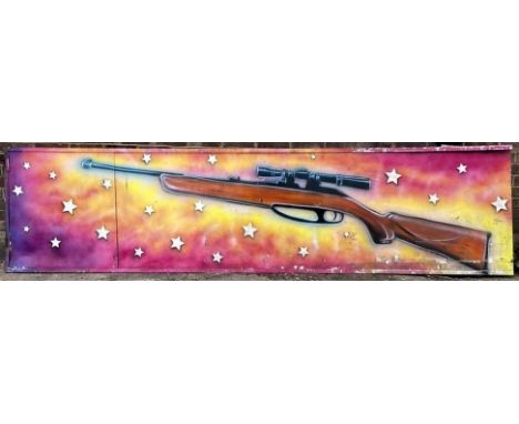 A large retro vintage carnival amusement park fair ground attraction signs / ride back panel of metal construction having han