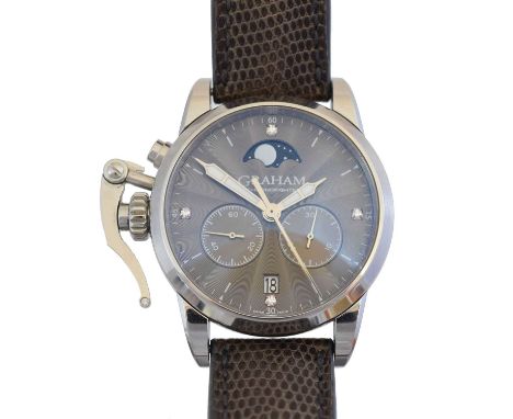 A ladies stainless steel Graham Chronofighter 1695 Lady Moon wristwatch, no. 1021, the signed grey dial with baton and diamon