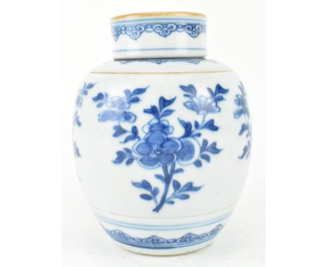 A Qing dynasty blue and white ceramic ginger jar with lid. The ovoid form of jar decorate with ruyi scrolling on the shoulder