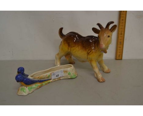 Mixed Lot:  Melba ware model of a goat and a shorter vase decorated with budgies