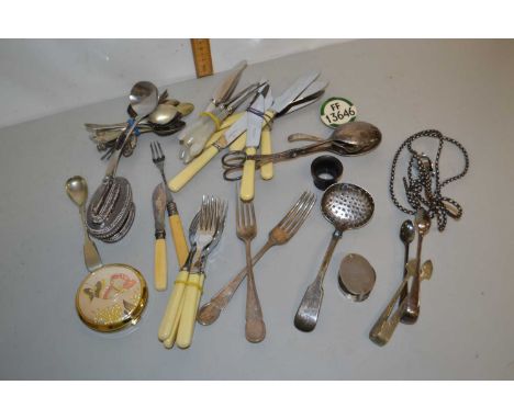 Box of various mixed cutlery, table lighter, vintage powder compact and other items