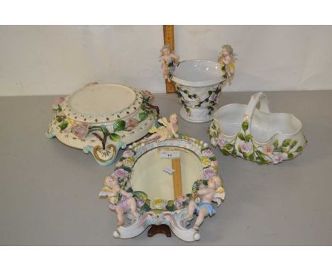 Mixed Lot: Continental floral encrusted easel back dressing table mirror, two further similar vases and a jardiniere stand (4