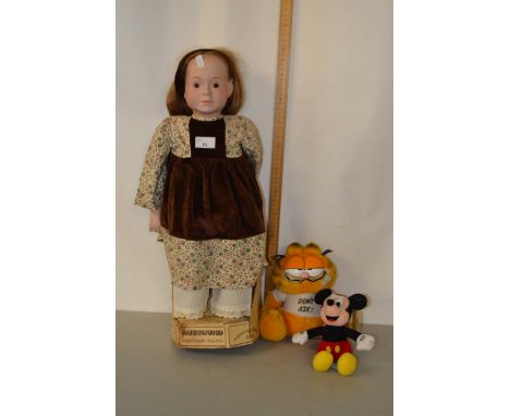 Mixed Lot: A modern porcelain headed doll together with two further soft toys