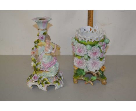 Mixed Lot: Continental floral encrusted candlestick together with a similar vase (2)