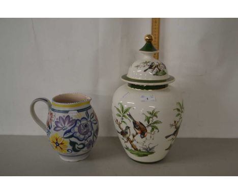 A Poole Pottery jug together with a modern Italian porcelain jar decorated with birds