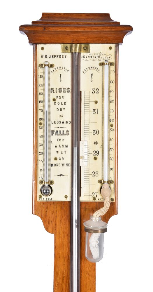 ϒA Victorian oak mercury farmer’s stick barometer with wet and dry bulb ...