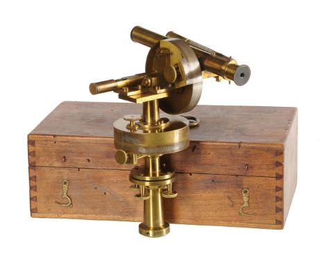 An unusual Continental lacquered brass theodolite   Unsigned, mid to late 19th century   With single-draw sighting telescope 