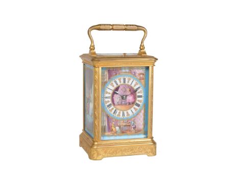 A fine French painted porcelain panel inset engraved gilt brass carriage clock with push-button repeat Drocourt, Paris, circa