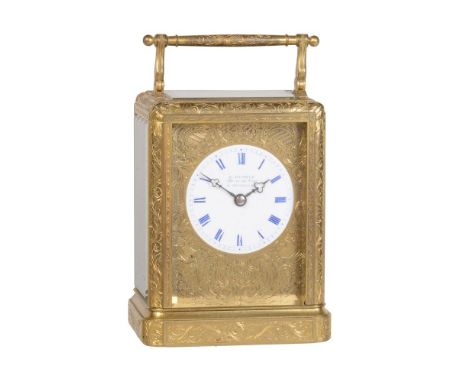 A fine and rare French engraved gilt brass carriage clock with two-plane 'chaffcutter' escapement Attributed to Paul Garnier,