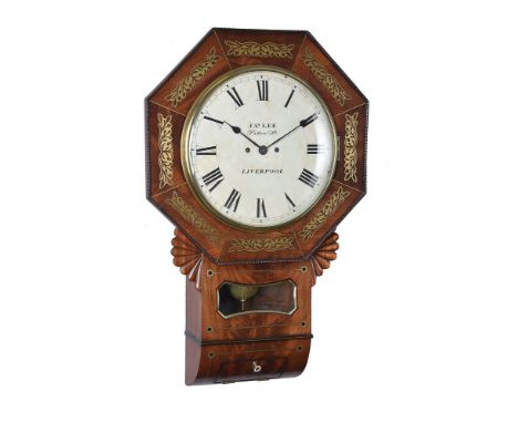 A George IV brass inlaid mahogany hour striking drop-dial fusee wall clock   The dial signed for James Lee, Liverpool, circa 