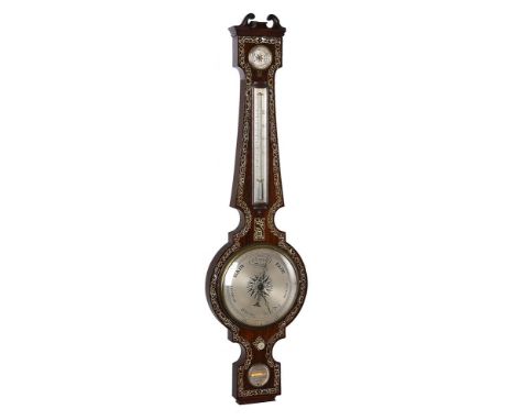 ϒA Victorian mother-of-pearl inlaid rosewood wheel barometer J. Hewiston, Newcastle upon Tyne, circa 1860 With swan neck pedi