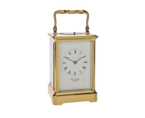 A French lacquered brass carriage clock with push-button repeat   Retailed by Charles Frodsham, London, early 20th century   