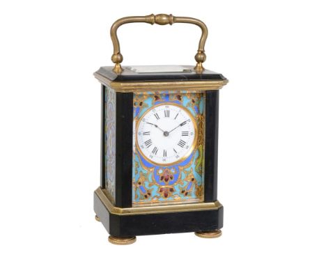 ϒAn unusual French cloisonné panel inset brass and ebony miniature carriage timepiece Probably by A. Dumas, Paris, late 19th 