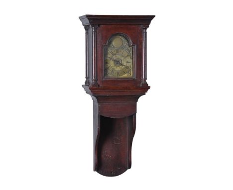 A George III scumbled pine hooded wall timepiece with alarm   John Wynn, Frimley, circa 1760   The posted movement with ancho