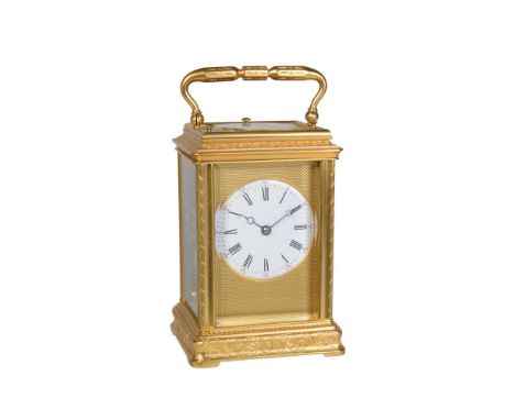 A fine and rare French engraved gilt brass five minute-repeating carriage clock with ‘Dumb-Striking’   Indistinctly signed, l