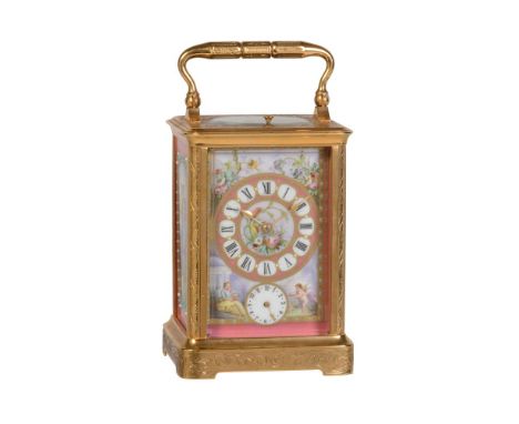 A fine French engraved gilt brass and porcelain panel inset carriage clock with push-button repeat and alarm   Unsigned but p