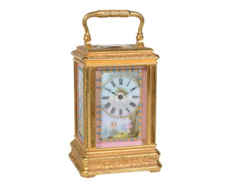 A fine French painted porcelain panel inset engraved gilt brass miniature carriage timepiece Drocourt, Paris, late 19th centu