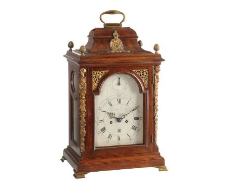 A George III brass mounted mahogany table clock   Thomas Hunter Junior, London, circa 1775   The five pillar twin fusee bell 