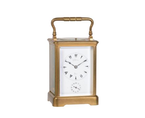 A French lacquered brass carriage clock with push-button repeat and alarm made for the Middle-Eastern Market   Retailed by J.