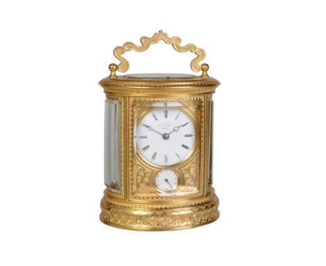 A fine engraved gilt brass oval carriage clock with push-button repeat and alarm   Retailed by J. Pyke, London, third quarter