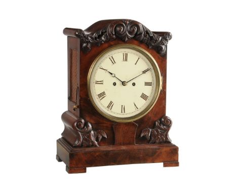 An early Victorian figured mahogany bracket clock   Unsigned, circa 1850   The five pillar twin fusee bell striking movement 