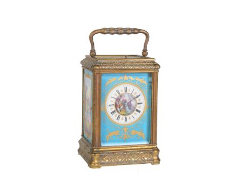 A fine French engraved gilt brass and painted porcelain panel inset carriage clock with push-button repeat   Retailed by Payn