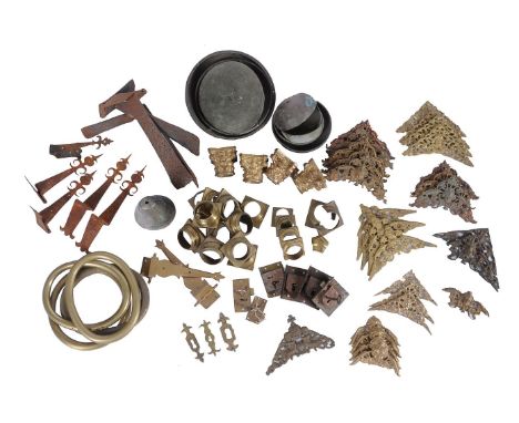 A selection of brass longcase clock case mounts, hinges, locks, spandrels, bells and related items   For use in the restorati