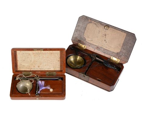 A Victorian mahogany cased set of portable diamond scales De Grave, Short and Company, mid 19th century   With sculpted metal