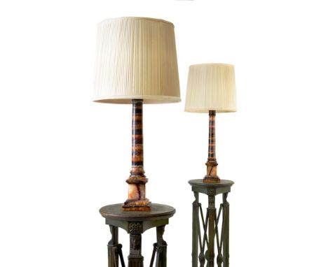 A pair of Blue John columnar table lamps, 19th century and later,  the sectional tapering shafts with square tops and stepped