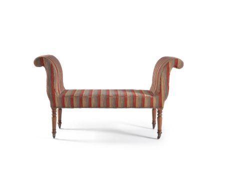 A George IV mahogany window seat, early 19th century, with upholstered scrolling side and rectangular seat covered in striped