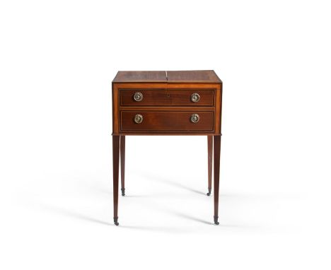 A George III mahogany and satinwood banded gentleman’s dressing table, late 18th century, the divided hinged top revealing an