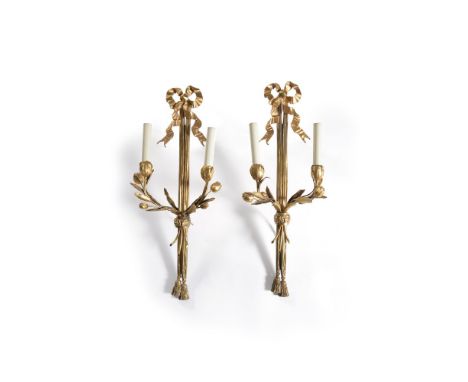 A pair of gilt metal twin-light wall appliques, 20th Century, the branches formed as floral sprays issuing from ribbon-tied b