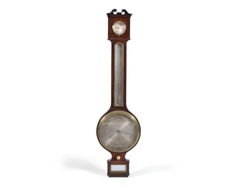 A mahogany and crossbanded wheel barometer, Cary London, 19th century, with dry/damp dial above a mercury thermometer, 11inch