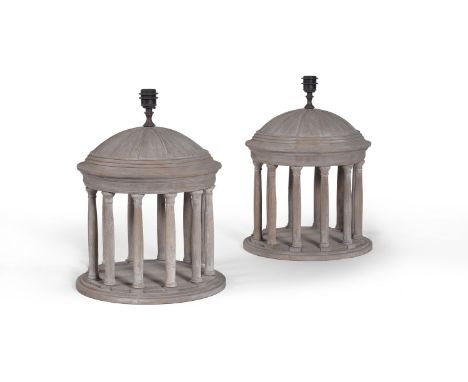 A pair of turned and painted wood architectural table lamps in Neoclassical taste, modern, each modelled as a rotunda, 51cm h