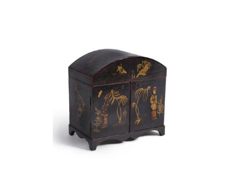 A George III painted and lacquered wood collector’s cabinet in Chinoiserie taste, circa 1800 and later, the domed cover, twin