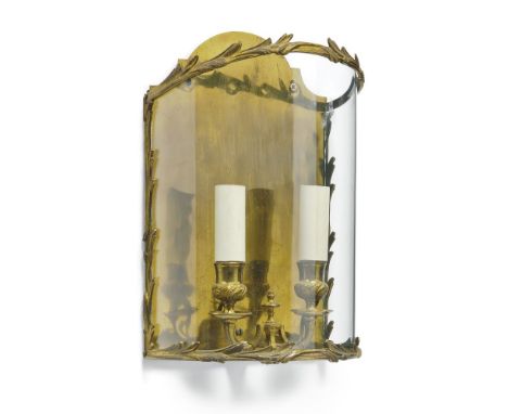 A pair of gilt metal and glazed twin light wall lanterns in 18th century taste, modern, of demi lune section, 32cm high, 21cm