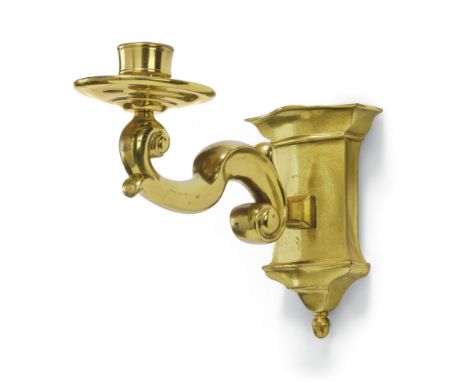 A set of four gilt brass wall lights in early 18th century style, modern, each with scrolled arm and architectural form backp