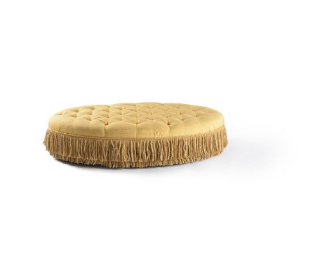 A yellow watered silk button upholstered oval centre footstool, of recent manufacture, in the Victorian taste, 35cm high, the