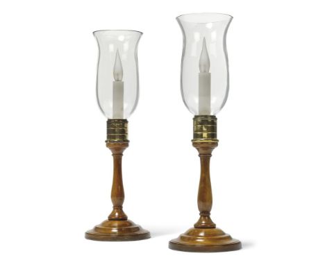 A pair of turned and stained hardwood and metal mounted table lamps, in the manner of 18th century candlesticks, modern, each