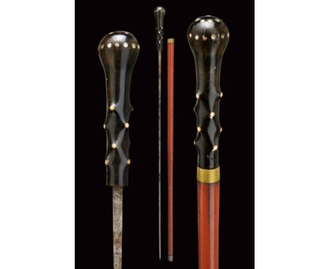 dating: circa 1900 provenance: France, Strong blade of square section with illegible signs of signature. Horn grip with spher