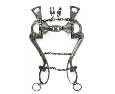 dating: 16th Century provenance: Germany, Made of iron, guards of triangular section. Complete with rings, articulated mouthp