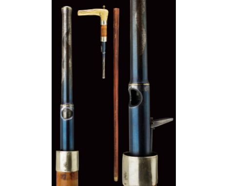 dating: about 1860 provenance: France, Cylindrical, wooden shaft (with some cracks) with metal chape. Angled deer horn grip, 