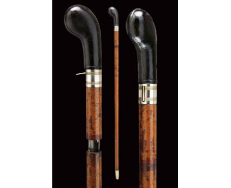 dating: about 1870 provenance: France, Round, 10 mm cal. barrel covered with wood; elegant, curved grip covered with leather,