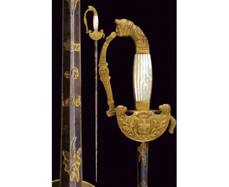 dating: 1840 circa provenance: Sardinian Kingdom, Double-edged blade of hexagonal section, engraved and gilded on a blue back